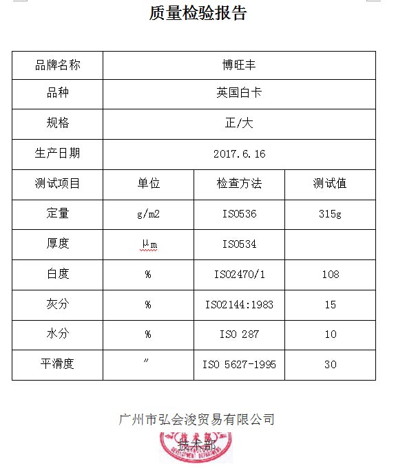 質(zhì)檢報(bào)告  英國白卡 315g